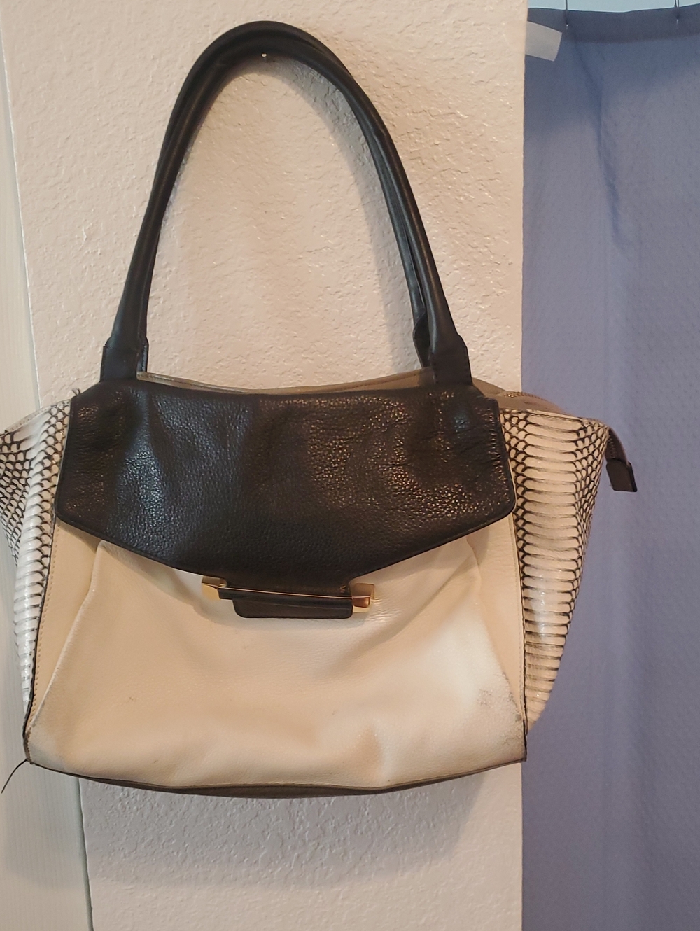 Vince Camuto Black, Cream and White Shoulder Bag with Textured Side Panels